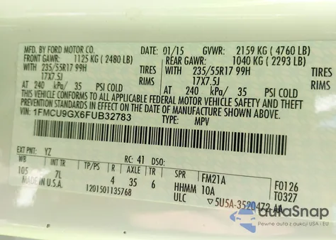 2015 Ford Escape Se from USA, damaged, VIN 1FMCU9GX6FUB32783